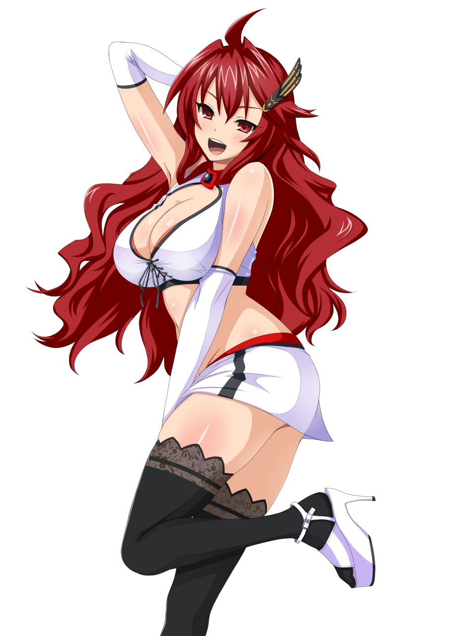 1girl black_legwear breasts cleavage_cutout elbow_gloves gloves hair_ornament hand_behind_head high_heels highres kisaragi_setsuna kure_masahiro large_breasts leg_up long_hair midriff miniskirt official_art open_mouth red_eyes redhead round_teeth simple_background skirt solo teeth thigh-highs valkyrie_drive valkyrie_drive_-siren- white_background white_gloves