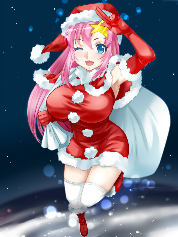 1girl armpits blue_eyes blush breasts capelet elbow_gloves fur_trim gloves gundam gundam_seed gundam_seed_destiny hair_ornament hat large_breasts long_hair looking_at_viewer meer_campbell one_eye_closed open_mouth pink_hair red_gloves sack santa_hat smile solo star star_hair_ornament thigh-highs tooru_jin