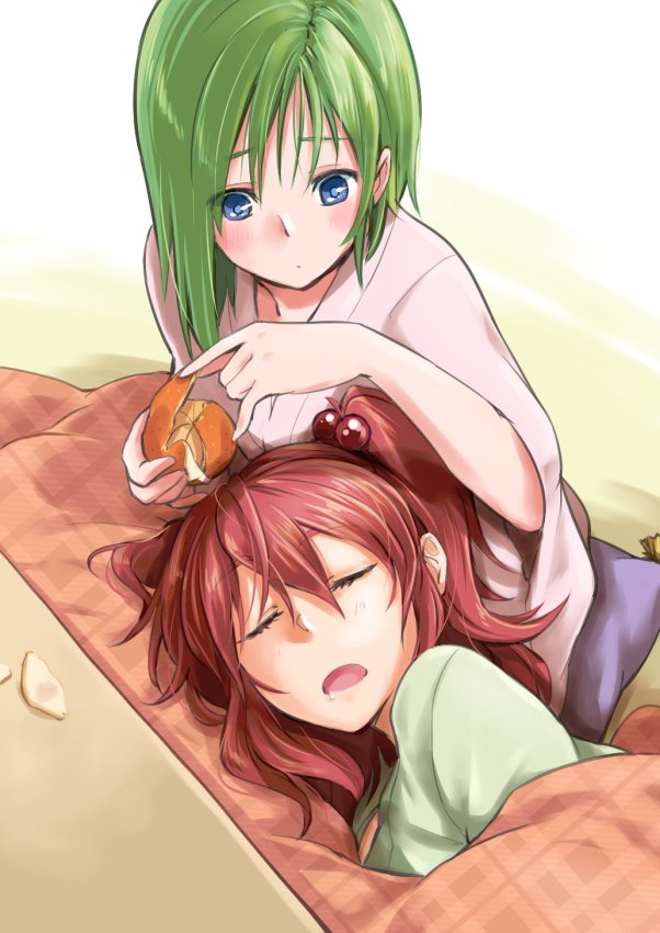 2girls blue_eyes blush closed_eyes drooling food fruit green_hair green_shirt hair_between_eyes hair_bobbles hair_ornament kitsune_maru kotatsu looking_at_another mandarin_orange multiple_girls onozuka_komachi peeling pink_clothes redhead shiki_eiki shirt sleeping sleeping_on_person table touhou twintails two_side_up unmoving_pattern white_clothes wide_sleeves yuri