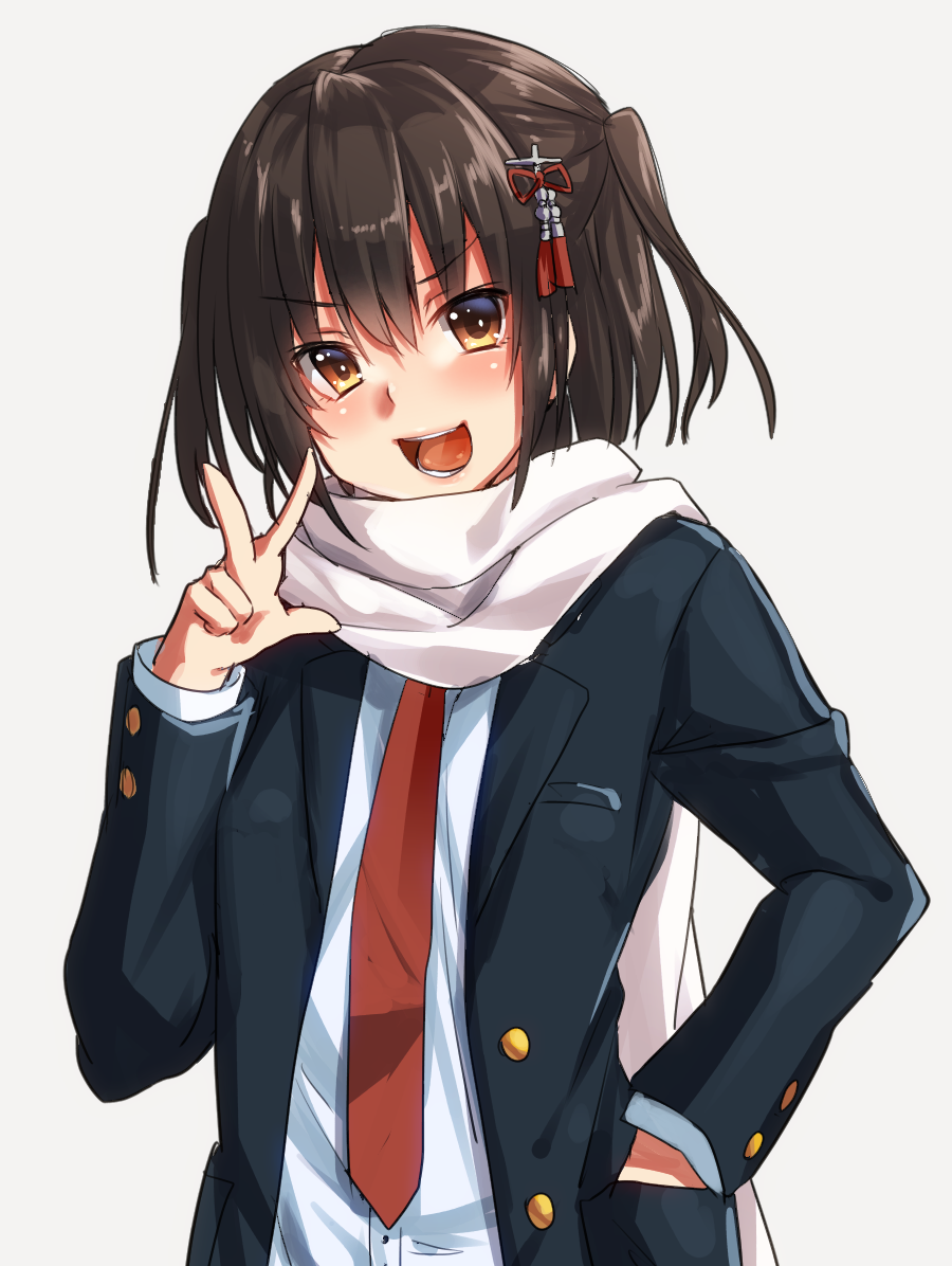 1girl :d bangs blazer blush brown_eyes brown_hair buttons cosplay eyebrows_visible_through_hair female grey_background hair_ornament hand_in_pocket jacket kantai_collection keita_(tundereyuina) long_sleeves looking_at_viewer matching_hair/eyes necktie open_mouth pocket red_necktie remodel_(kantai_collection) scarf school_uniform sendai_(kantai_collection) shiny_hair short_hair simple_background smile solo teeth two_side_up upper_body w wakaba_(kantai_collection) wakaba_(kantai_collection)(cosplay) wakaba_(kantai_collection)_(cosplay) white_scarf