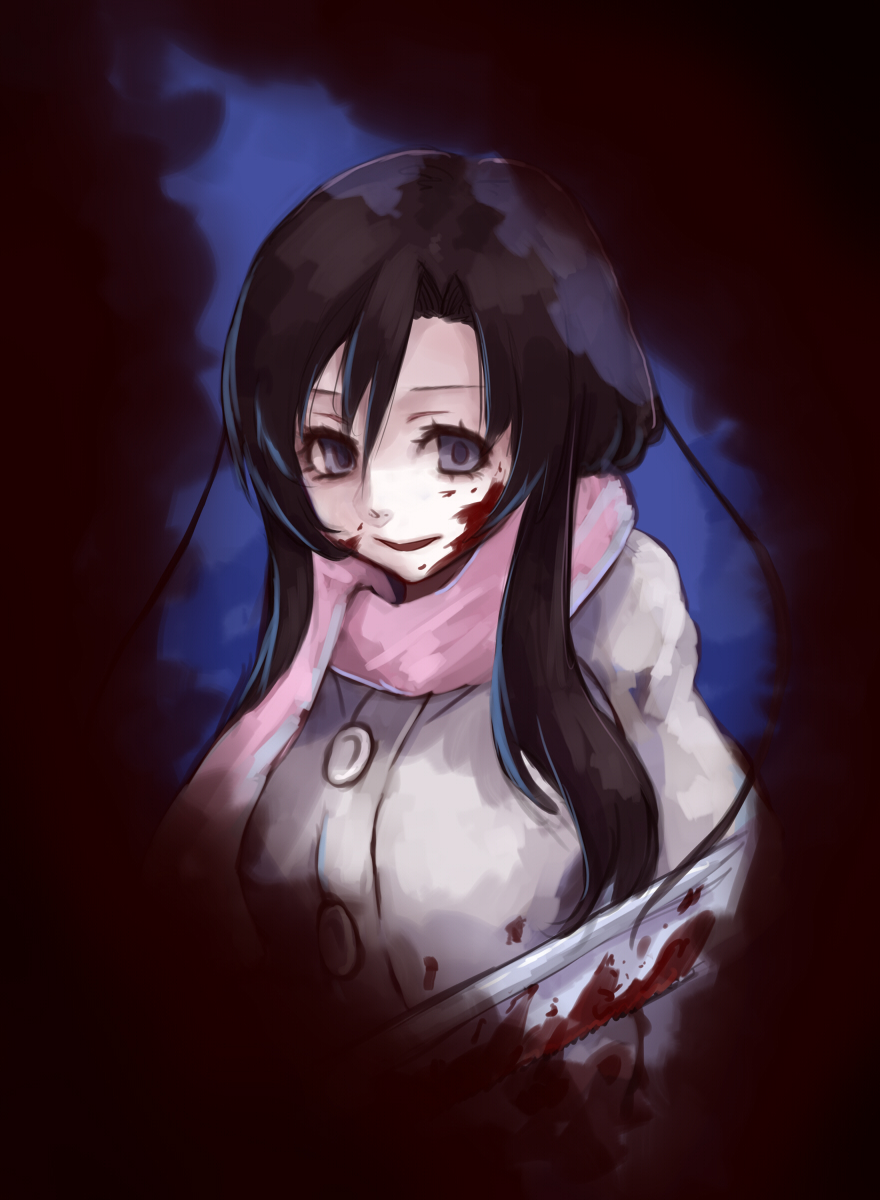 1girl black_hair blood blood_on_face bloody_clothes dark_background empty_eyes hatchet highres holding holding_weapon hoshibuchi katsura_kotonoha long_hair looking_at_viewer oriental_hatchet scarf school_days smile weapon winter_clothes yandere