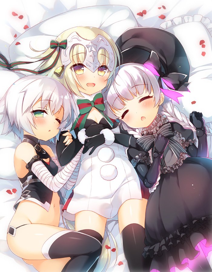 3girls :d arm_belt assassin_of_black bandaged_arm bell beret black_legwear blonde_hair blush bow bowtie braid closed_eyes commentary_request doll_joints elbow_gloves fate/grand_order fate_(series) girl_sandwich gloves gothic_lolita green_eyes hat headpiece jeanne_alter jeanne_alter_(santa_lily)_(fate) lolita_fashion lying multiple_girls nursery_rhyme_(fate/extra) on_bed one_eye_closed open_mouth panties petals pillow pom_pom_(clothes) ruler_(fate/apocrypha) sandwiched sazaki_ichiri short_hair sleeping smile thigh-highs underwear white_hair yellow_eyes