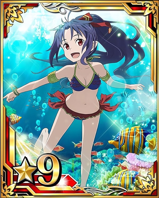 1girl bare_shoulders barefoot bikini bracelet breasts brown_eyes bubble card_(medium) cleavage collarbone fish freediving frilled_bikini frills hair_ribbon high_ponytail holding_breath jewelry long_hair looking_at_viewer navel number open_mouth pointy_ears purple_bikini purple_hair red_ribbon ribbon small_breasts solo star swimming swimsuit sword_art_online underwater yuuki_(sao)