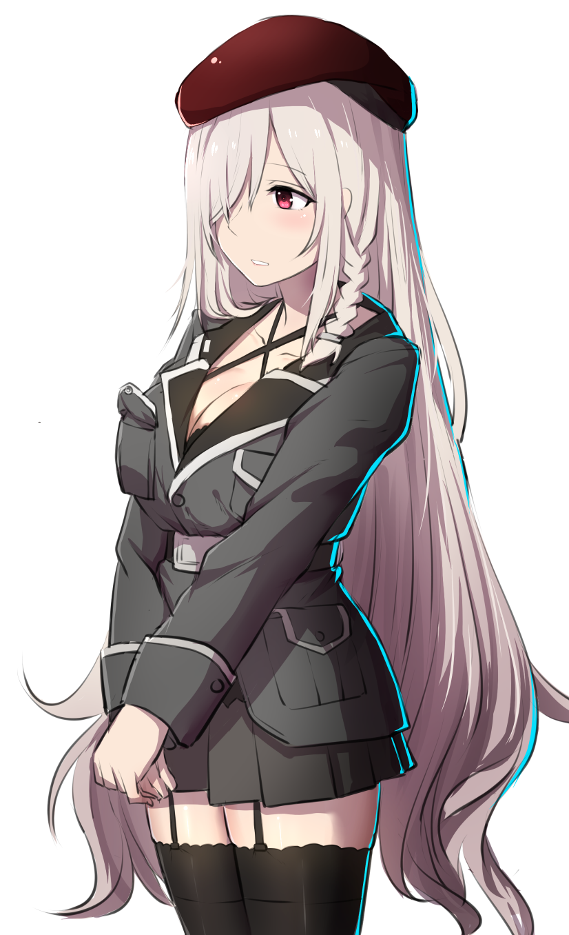 1girl belt beret blush braid breasts cleavage g36c_(girls_frontline) garter_straps girls_frontline hair_over_one_eye hands_together hat highres long_hair military military_uniform personification red_eyes silver_hair thigh-highs uniform very_long_hair xiu_jiayihuizi
