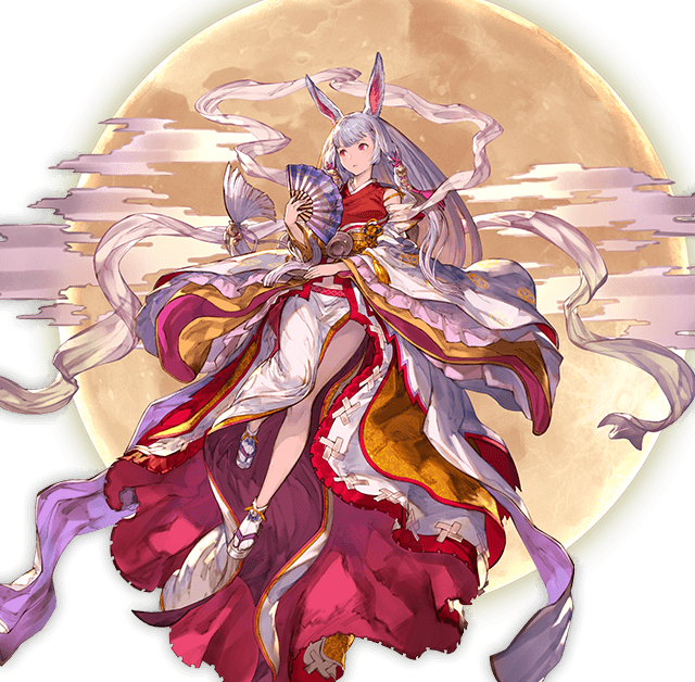 1girl animal_ears character_request dress fan full_body granblue_fantasy hair_ornament holding japanese_clothes kaguya_(granblue_fantasy) lavender_hair long_hair minaba_hideo moon official_art rabbit_ears red_eyes sandals solo tabi transparent_background very_long_hair wide_sleeves