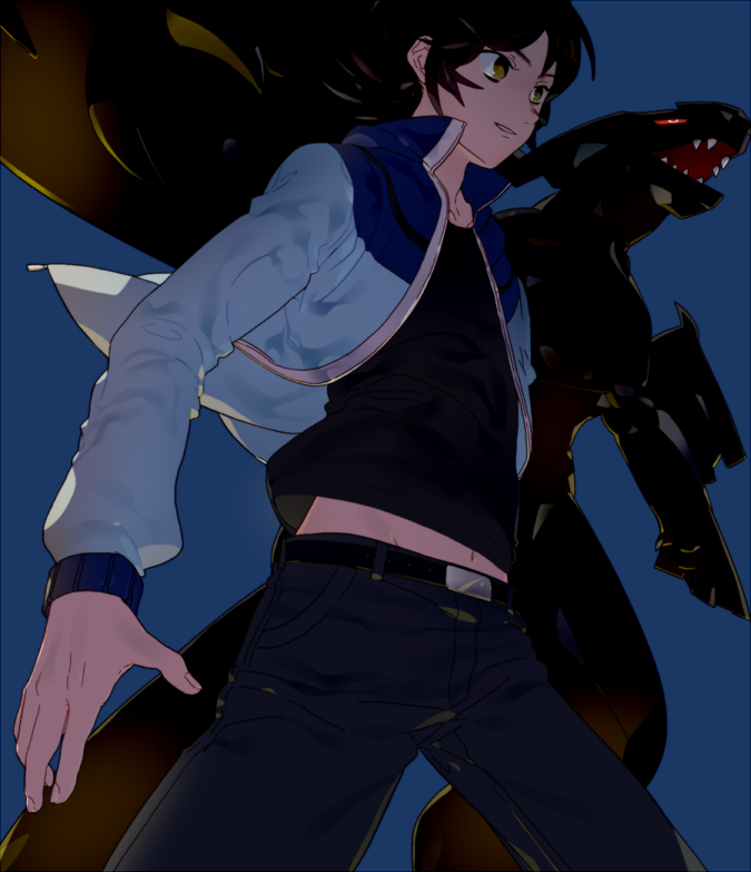 1boy arm_at_side backlighting bangs belly_peek belt black_hair black_pants blue_background blue_jacket emje_(uncover) groin jacket legs_apart long_sleeves male_focus navel open_clothes open_jacket pants parted_lips pokemon pokemon_(creature) pokemon_(game) pokemon_bw shirt simple_background standing t-shirt touya_(pokemon) wind yellow_eyes zekrom