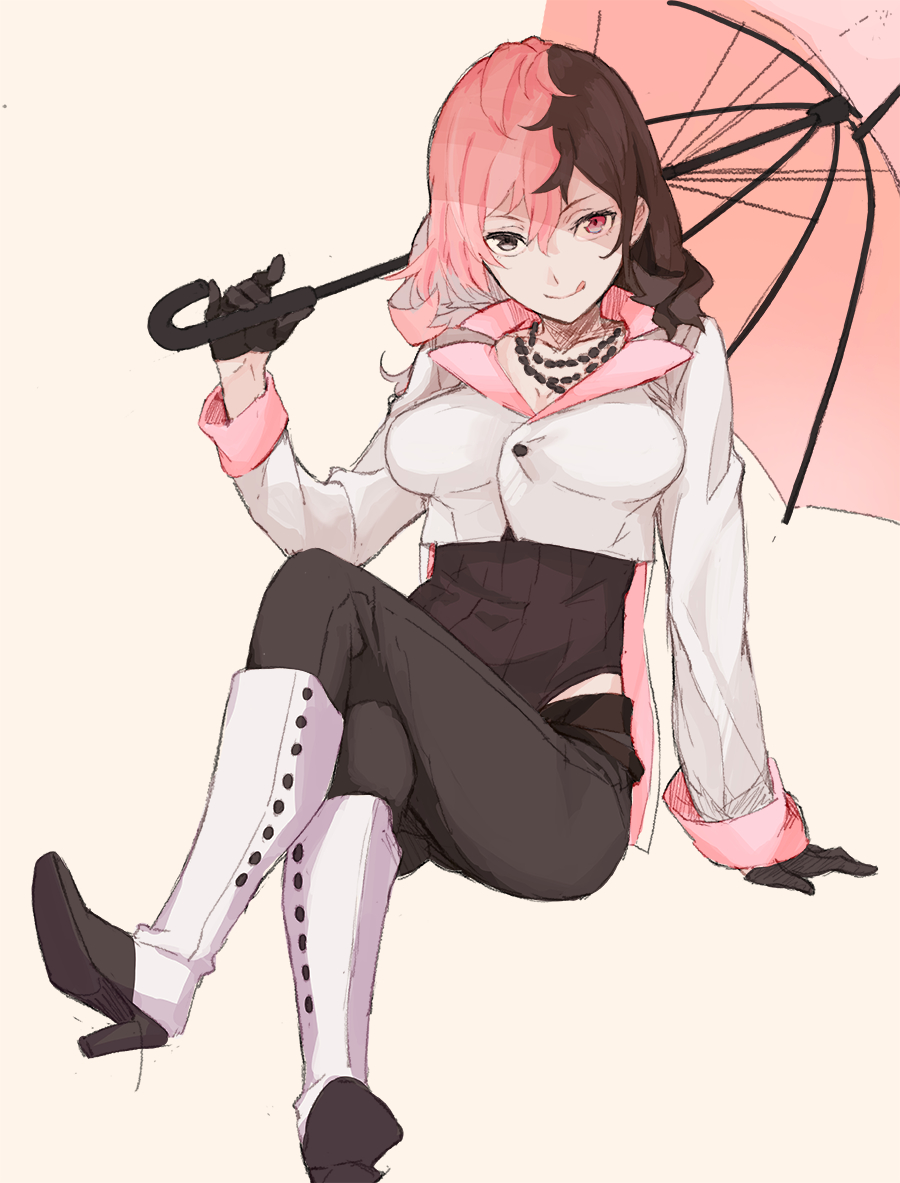 1girl :d black_gloves black_pants boots breasts brown_hair cleavage cropped_jacket full_body gloves grey_eyes hair_between_eyes heterochromia holding holding_umbrella jewelry legs_crossed licking licking_lips long_hair long_sleeves looking_at_viewer multicolored_hair navel_cutout necklace neo_(rwby) open_mouth pants pink_eyes pink_hair rwby simple_background sitting smile solo takenisketch tongue tongue_out two-tone_hair umbrella white_background