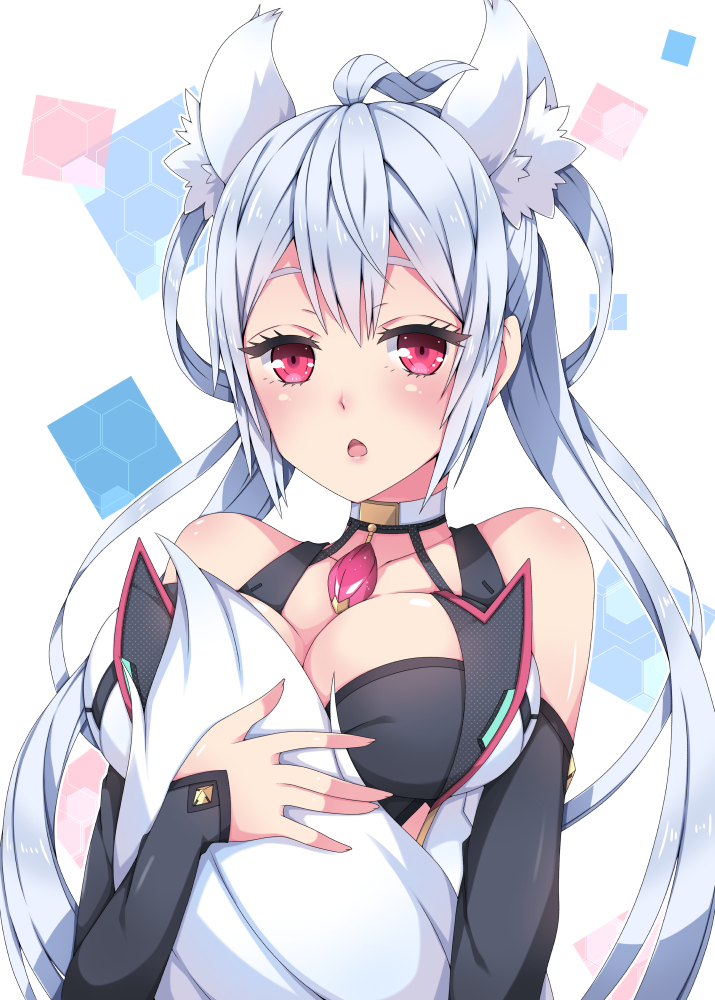 1girl animal_ears bare_shoulders breasts chestnut_mouth cleavage collar detached_sleeves gem hair_rings holding_own_tail large_breasts looking_at_viewer matoi_(pso2) milkpanda phantasy_star phantasy_star_online_2 red_eyes silver_hair solo tail twintails