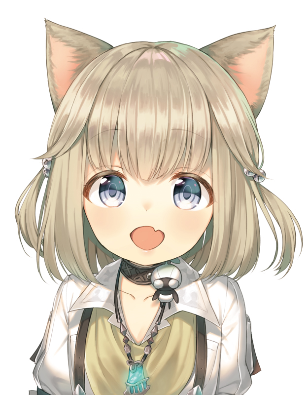 1girl animal_ears blonde_hair blue_eyes cat_ears child fang final_fantasy final_fantasy_xiv khloe_aliapoh looking_at_viewer midorikawa_you miqo'te open_mouth short_hair simple_background solo