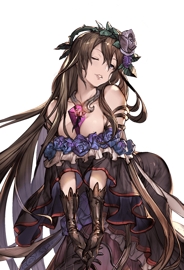 1girl bare_shoulders between_breasts box breasts brown_hair cleavage dress elbow_gloves flower frills gift gift_box gloves granblue_fantasy hair_flower hair_ornament hands_together interlocked_fingers jewelry large_breasts long_hair looking_at_viewer minaba_hideo one_eye_closed parted_lips rosetta_(granblue_fantasy) smile solo