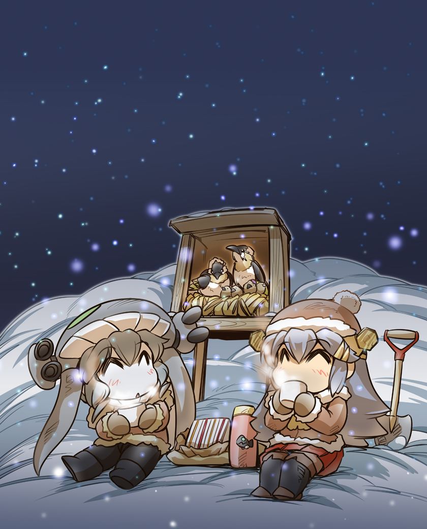 2girls ^_^ bird birdhouse boots closed_eyes coat comic commentary_request cup drinking food grey_hair hair_ornament hairclip haruna_(kantai_collection) hat headband headgear hisahiko holding holding_cup i-class_destroyer kantai_collection long_hair multiple_girls nest night open_mouth picnic pom_pom_(clothes) red_skirt sandwich shinkaisei-kan shovel sitting_on_ground skirt smile snow snowing steam tentacle thermos thigh-highs tuque winter_clothes winter_coat wo-class_aircraft_carrier worktool