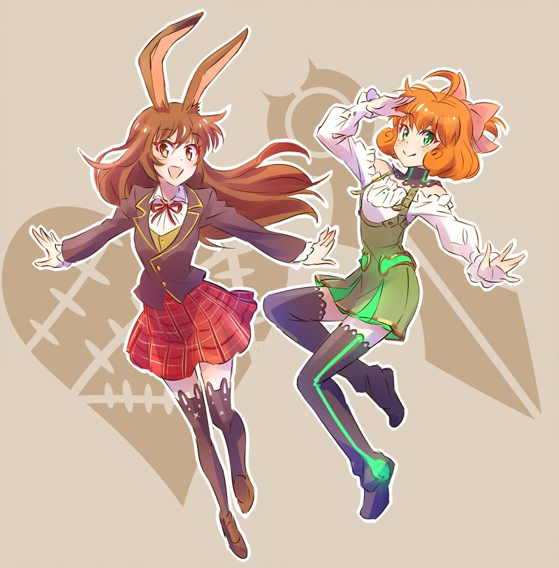 2girls ahoge animal_ears black_legwear bow brown_eyes brown_hair bunny_girl curly_hair dress freckles frilled_skirt frills green_eyes hair_bow iesupa long_sleeves multiple_girls neon_trim open_mouth orange_hair penny_polendina plaid plaid_skirt rabbit_ears rwby salute school_uniform shirt short_dress skirt smile thigh-highs velvet_scarlatina white_shirt zettai_ryouiki