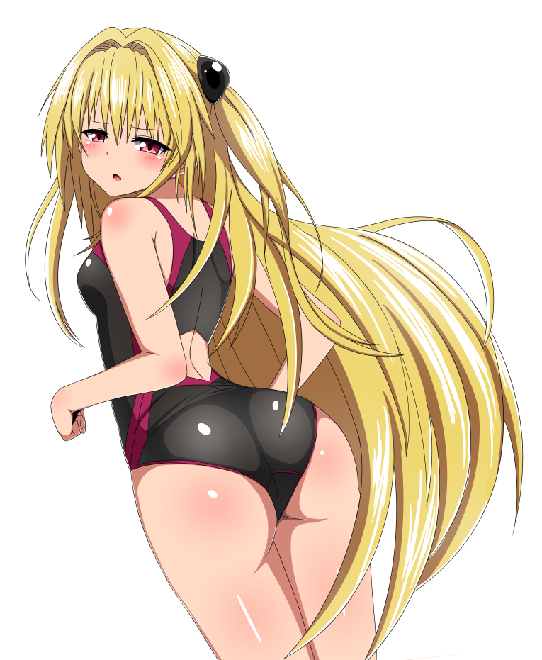 1girl ass black_swimsuit blonde_hair breasts cowboy_shot from_behind hair_intakes hair_ornament konjiki_no_yami long_hair looking_at_viewer looking_back marupuni one-piece_swimsuit red_eyes shiny shiny_skin small_breasts solo swimsuit tears to_love-ru very_long_hair white_background