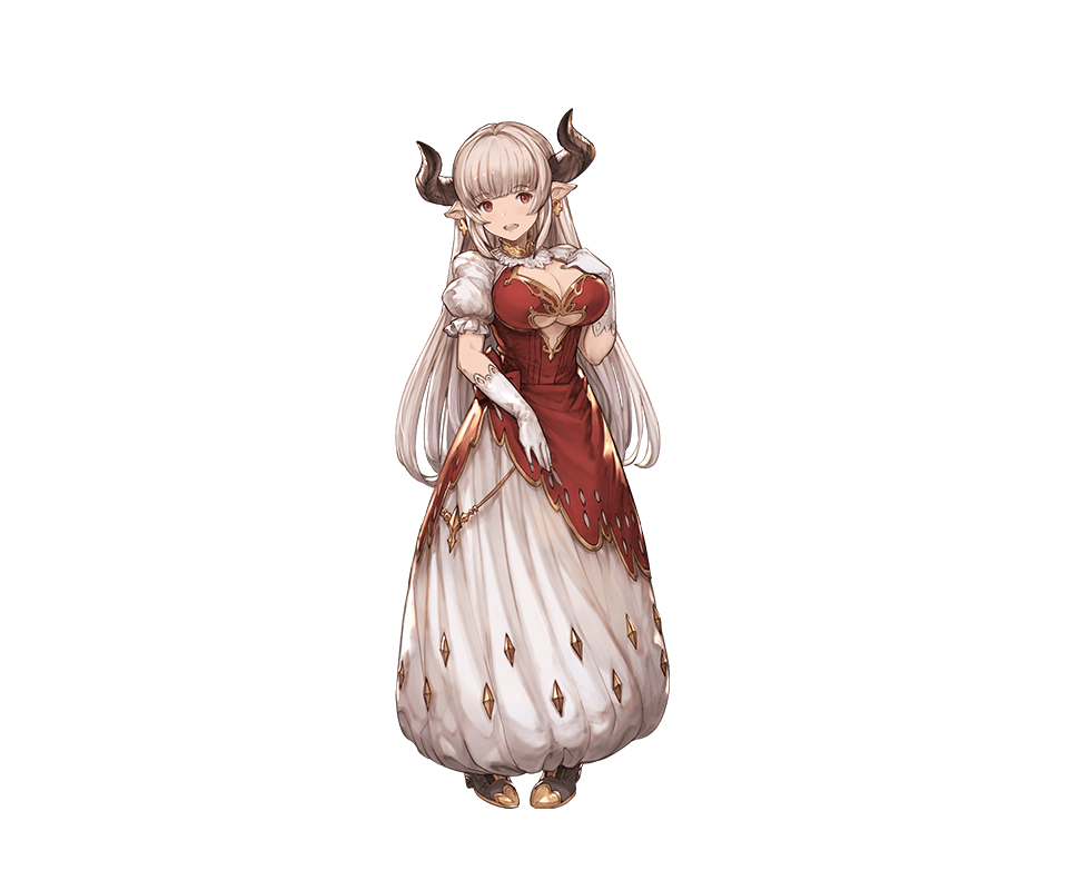 1girl alicia_(granblue_fantasy) bangs blunt_bangs breasts cleavage cleavage_cutout detached_sleeves dress earrings elbow_gloves full_body gloves granblue_fantasy hand_on_own_chest horns jewelry large_breasts long_dress looking_at_viewer milf minaba_hideo official_art open_mouth pigeon-toed pointy_ears puffy_sleeves red_eyes short_sleeves smile solo standing transparent_background under_boob underboob_cutout white_gloves white_hair