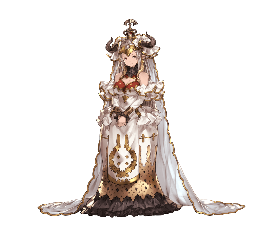 1girl aliza_(granblue_fantasy) bare_shoulders breasts brown_hair cleavage detached_sleeves doraf dress earrings frilled_dress frills full_body granblue_fantasy hands_together horns jewelry large_breasts long_dress looking_at_viewer minaba_hideo official_art pointy_ears smile solo standing transparent_background veil white_hair