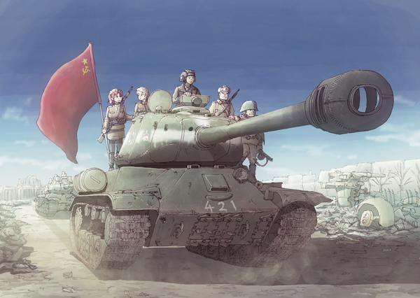 2girls 3boys earasensha ground_vehicle is-2 military military_vehicle motor_vehicle multiple_boys multiple_girls original soviet_flag tank tank_turret