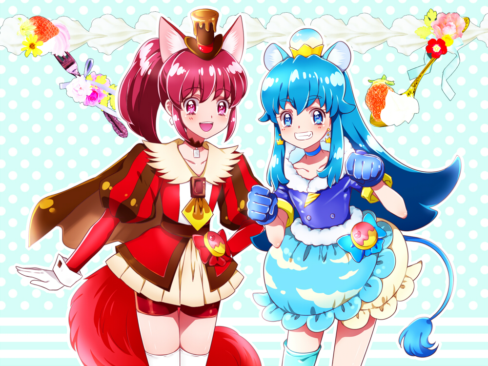 2girls :d aino_megumi animal_ears bike_shorts blue_background blue_bow blue_eyes blue_gloves blue_hair blue_legwear blue_shirt blue_skirt bow brooch brown_cape capelet cat_ears cat_tail choker clenched_hand cloud_print color_connection cosplay cowboy_shot crown cure_chocolat cure_chocolat_(cosplay) cure_gelato cure_gelato_(cosplay) dog_ears dog_tail extra_ears flower food fork fruit gloves grin happinesscharge_precure! jewelry kagami_chihiro kirakira_precure_a_la_mode layered_skirt lion_ears lion_tail looking_at_viewer magical_girl mini_crown multiple_girls open_mouth pink_eyes pink_hair polka_dot polka_dot_background ponytail precure print_skirt red_shorts shirayuki_hime shirt short_hair shorts shorts_under_skirt single_thighhigh skirt smile strawberry tail thigh-highs white_skirt