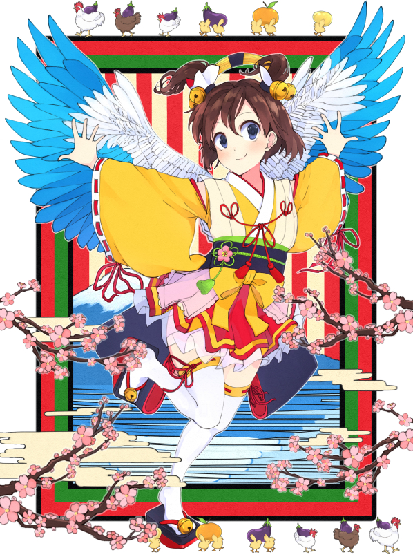 1girl bangs bell bird blue_wings blush brown_hair cherry_blossoms chick chicken closed_mouth detached_sleeves eggplant feathered_wings full_body hair_bell hair_between_eyes hair_ornament japanese_clothes jingle_bell kimono kimono_skirt looking_at_viewer maruhana obi original outstretched_arms ribbon-trimmed_sleeves ribbon_trim rooster sandals sash short_twintails smile solo standing standing_on_one_leg tabi thigh-highs twintails white_legwear white_wings wings year_of_the_rooster yellow_kimono