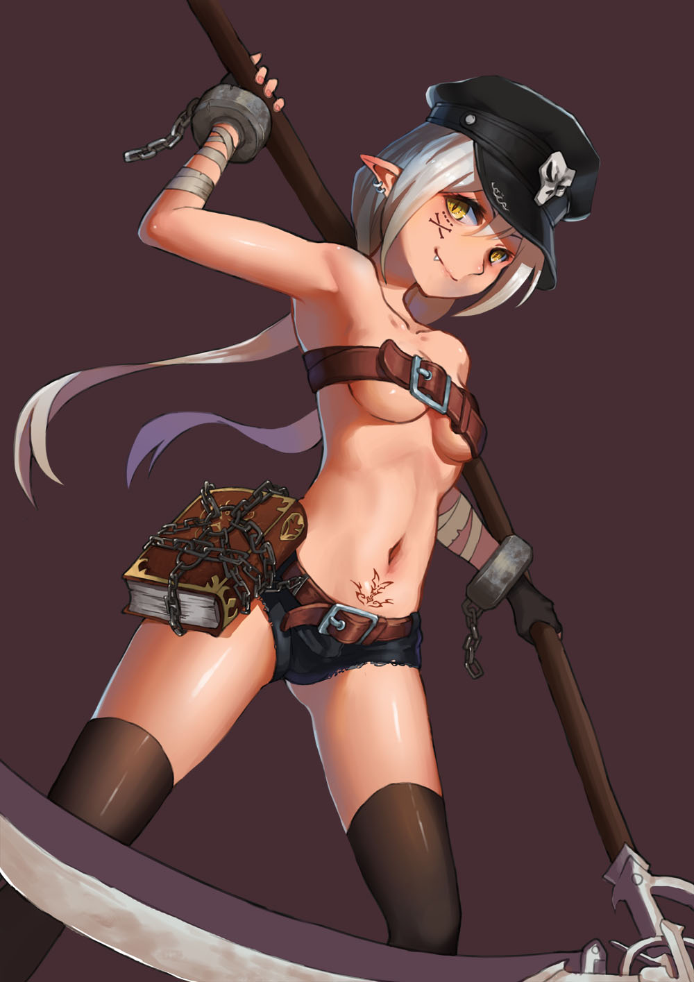 1girl armpits bare_shoulders belt beltbra black_gloves black_legwear book breasts chains cleavage earrings fang_out fingerless_gloves gloves hat highres holding holding_weapon jewelry long_hair looking_at_viewer navel original pointy_ears purple_background scythe shiraha_(pixiv10239953) shorts silver_hair simple_background smile solo tattoo thigh-highs under_boob weapon yellow_eyes