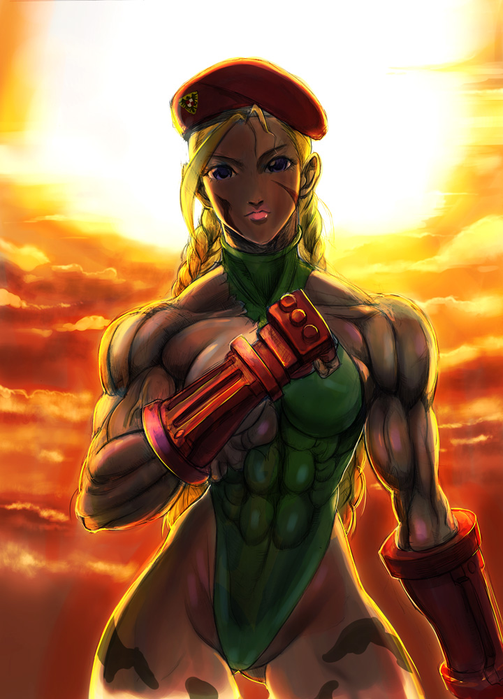 1girl abs ahoge backlighting bare_shoulders beret blonde_hair blue_eyes braid breasts cammy_white clenched_hand contrapposto facepaint gluteal_fold hat head_tilt highleg highleg_leotard huge_ahoge leotard lips long_hair muscle muscular_female no_bra scar shopyun skin_tight small_breasts solo standing street_fighter sunset thigh_gap torn_clothes torn_leotard twin_braids