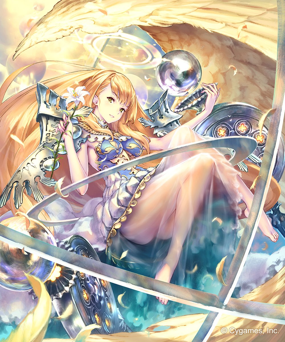 1girl angel_wings bangs barefoot blonde_hair breasts character_request cygames dress feathers flower flying halo highres hisakata_souji legs legs_up long_hair long_legs medium_breasts see-through shadowverse shingeki_no_bahamut sky smile sphere watermark wings yellow_eyes