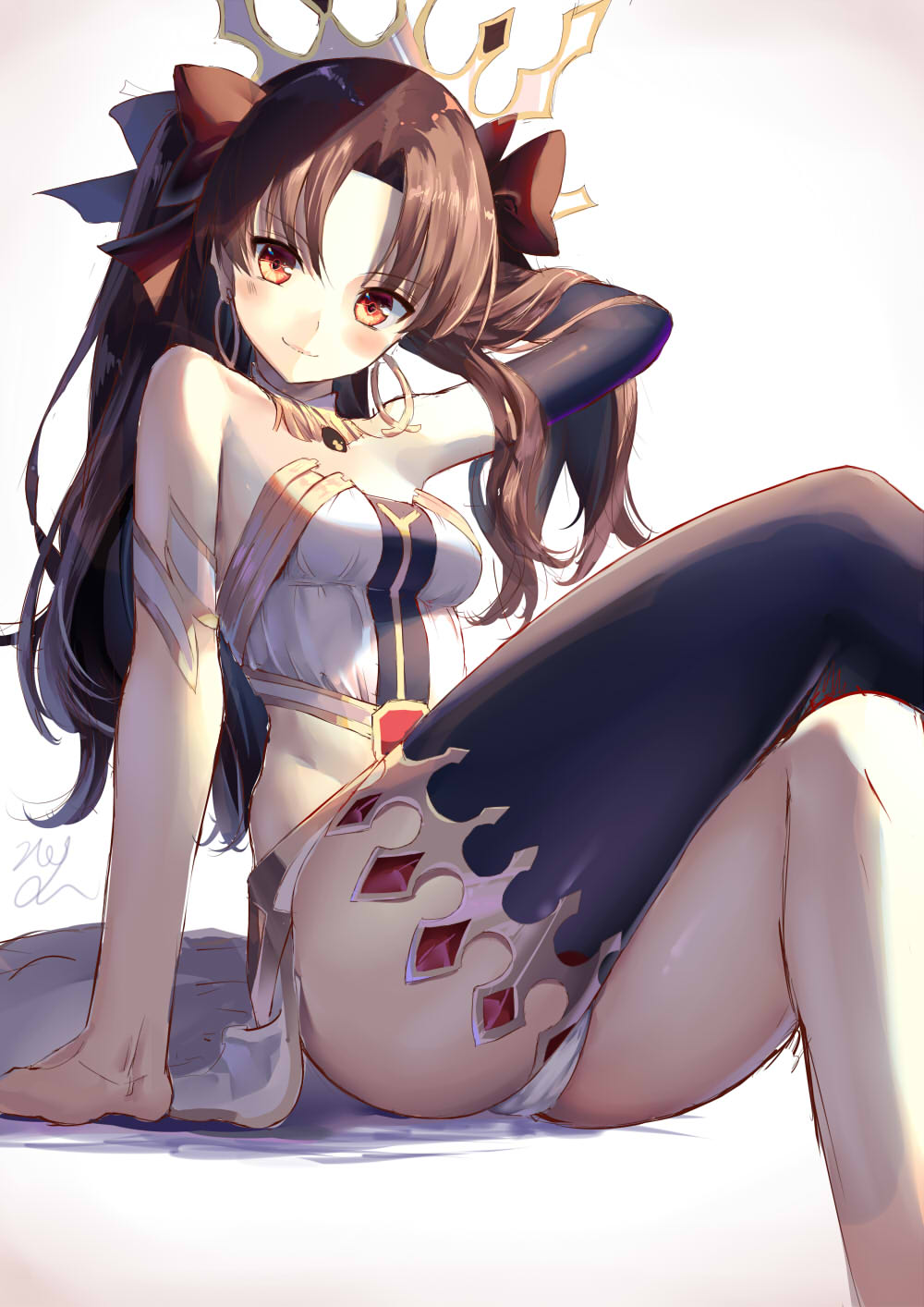 1girl adjusting_hair arm arm_behind_head arm_support arm_up armlet ass bangs bare_arms bare_legs bare_shoulders black_gloves black_hair black_legwear blush breasts brown_hair brown_ribbon crown detached_collar earrings elbow_gloves eyebrows_visible_through_hair fate/grand_order fate_(series) female fringe from_below gem gloves hair_ribbon highres hoop_earrings ishtar_(fate/grand_order) jewelry legs legs_crossed long_hair looking_at_viewer looking_down medium_breasts midriff naughty_face neck neck_ring okotoburi orange_eyes pelvic_curtain revealing_clothes ribbon shade single_elbow_glove single_glove single_thighhigh sitting sketch smile solo strapless thigh-highs thighs tohsaka_rin toosaka_rin two_side_up type-moon