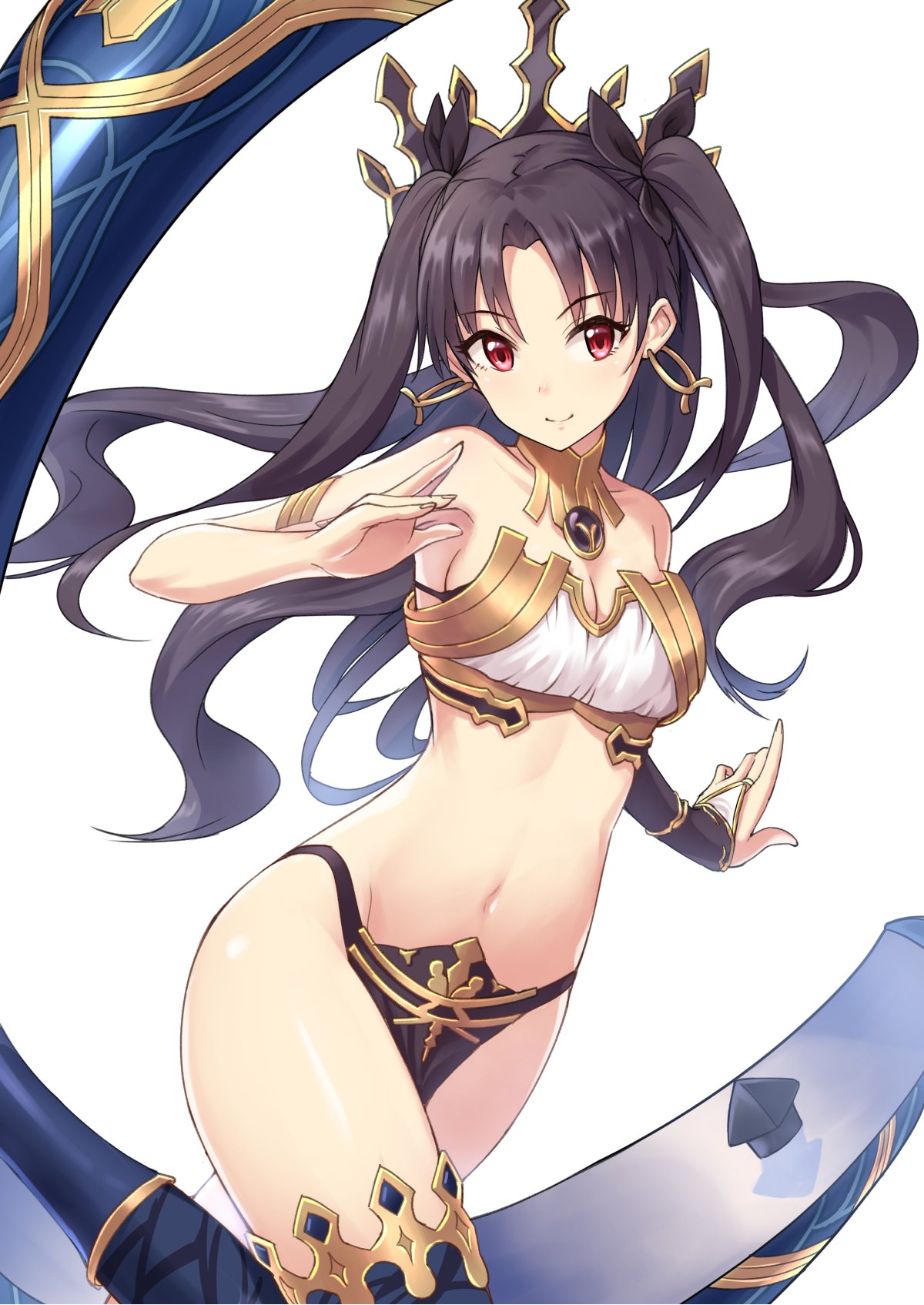 1girl arm armlet armpits asymmetrical_gloves asymmetrical_legwear bare_arms bare_legs bare_shoulders black_gloves black_hair black_legwear black_panties black_ribbon breasts bridal_gauntlets cleavage crown earrings elbow_gloves fate/grand_order fate_(series) female floating_hair gem gloves hair_ribbon highres hoop_earrings ishtar_(fate/grand_order) jewelry legs looking_at_viewer medium_breasts midriff navel neck_ring panties red_eyes revealing_clothes ribbon sideboob single_elbow_glove single_glove single_thighhigh solo strapless tamakaga thighlet tohsaka_rin two_side_up type-moon very_long_hair white_background