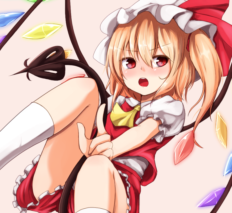 &gt;:o 1girl :o ascot baram blonde_hair blush crystal flandre_scarlet frilled_skirt frills hat hat_ribbon laevatein_(tail) looking_at_viewer looking_away mob_cap open_mouth puffy_short_sleeves puffy_sleeves red_eyes red_ribbon red_skirt red_vest ribbon short_sleeves side_ponytail skirt socks solo teeth touhou vest white_legwear wings