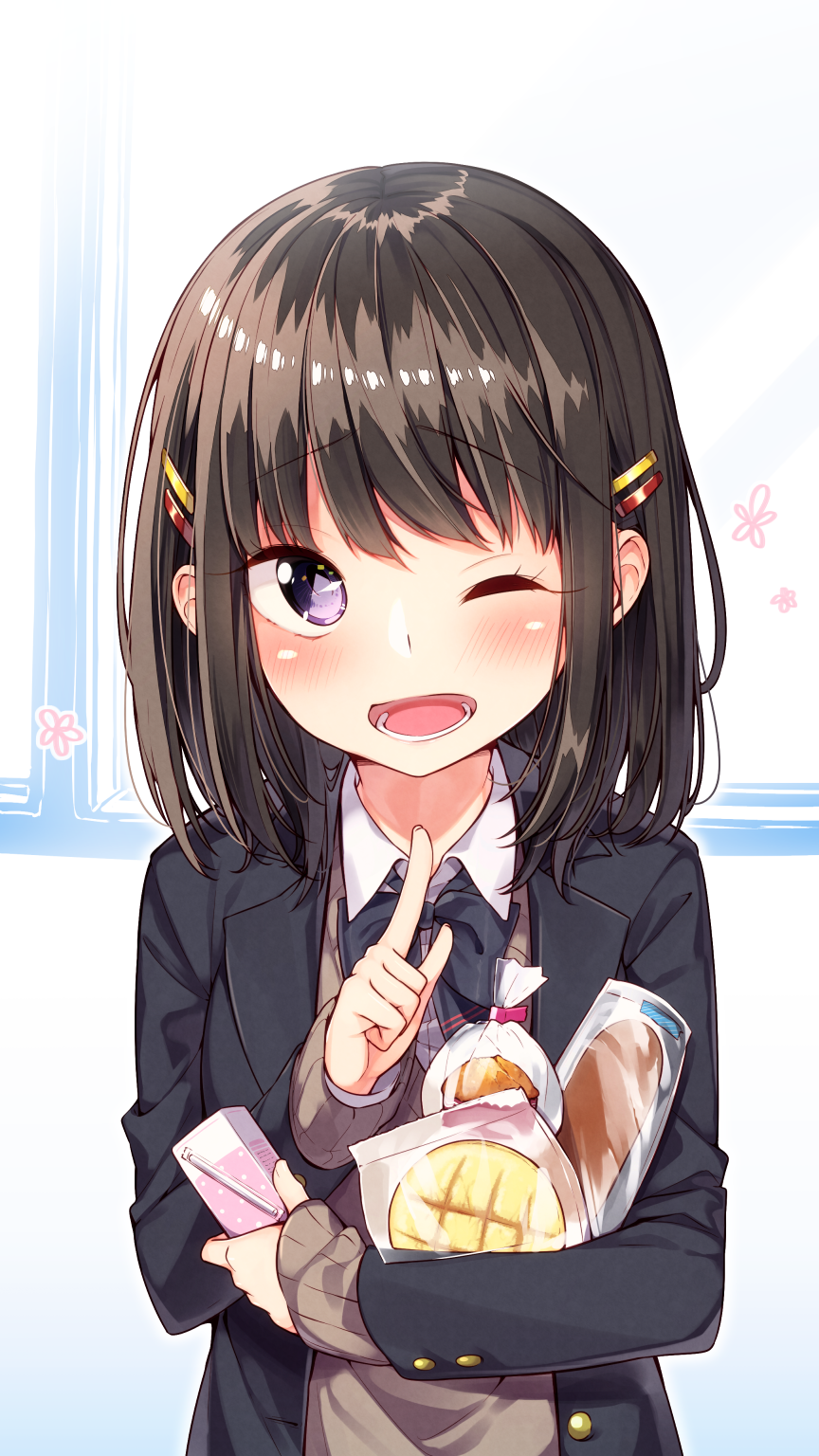 1girl ;d bangs black_bow black_ribbon blazer blush bow bread brown_hair collared_shirt eyebrows_visible_through_hair food hair_ornament hairclip highres holding holding_food index_finger_raised indoors jacket juice_box looking_at_viewer melon_bread muffin one_eye_closed open_mouth original ribbon sakuragi_ren sandwich school_uniform shirt smile snack solo sweater upper_body violet_eyes white_shirt window