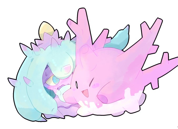 ;d artist_request blue_eyes blush blush_stickers corsola embarrassed fang happy mareanie no_humans one_eye_closed open_mouth pokemon pokemon_(creature) pokemon_(game) pokemon_sm simple_background smile spikes sweatdrop wavy_mouth white_background winking yellow_sclera