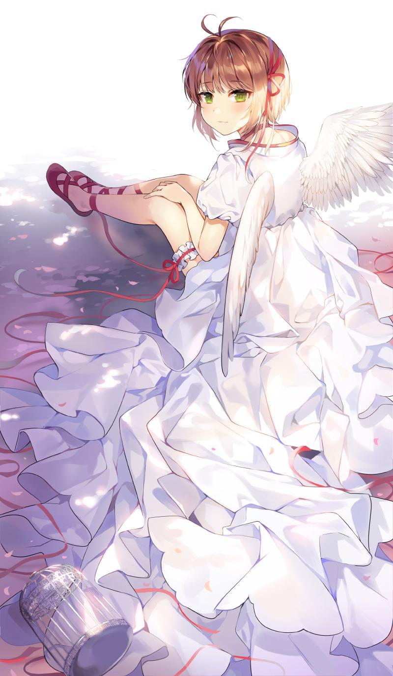 1girl angel_wings birdcage blush brown_hair cage cardcaptor_sakura closed_mouth dress from_behind full_body garters gijang green_hair highres kinomoto_sakura looking_at_viewer looking_back puffy_short_sleeves puffy_sleeves red_ribbon ribbon short_hair short_sleeves sitting thigh_strap white_dress wings