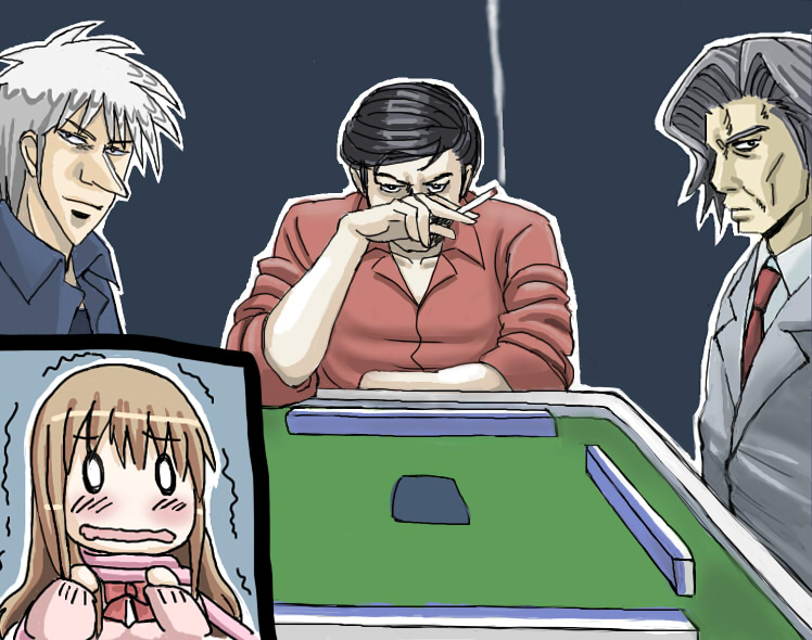 0_0 1girl 3boys akagi akagi_shigeru black_eyes black_hair blazer blue_background blue_shirt blush board_game bow bowtie brown_hair cardigan chibi_inset cigarette closed_mouth crossover expressionless eyebrows_visible_through_hair grey_eyes grey_hair head_tilt holding jacket kiyobeii koizumi_jun'ichirou light_smile long_hair looking_at_viewer mahjong matsumi_yuu mudazumo_naki_kaikaku multiple_boys naki_no_ryuu necktie pink_scarf pointy_nose red_bow red_bowtie red_necktie red_shirt ryuu_(naki_no_ryuu) saki saki_achiga-hen scared scarf shirt short_hair silver_hair simple_background sketch sleeves_past_wrists smoke spiky_hair trembling