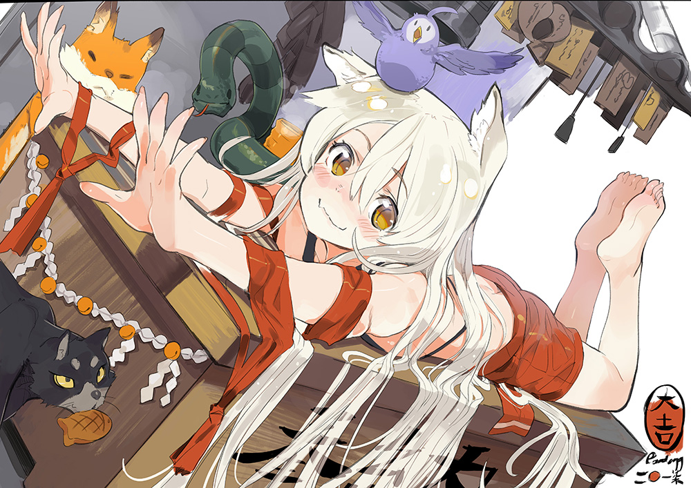 1girl :3 animal animal_on_head artist_name barefoot bird bird_on_head blush box butt_crack cat chiya_(urara_meirochou) closed_eyes closed_mouth donation_box dutch_angle eyebrows_visible_through_hair feet fingernails food fox full_body hair_between_eyes legs_up long_fingernails long_hair looking_at_viewer lying mouth_hold on_head on_stomach open_mouth outstretched_arms pandegg snake taiyaki the_pose tongue tongue_out urara_meirochou very_long_hair wagashi white_background white_hair yellow_sclera |_|