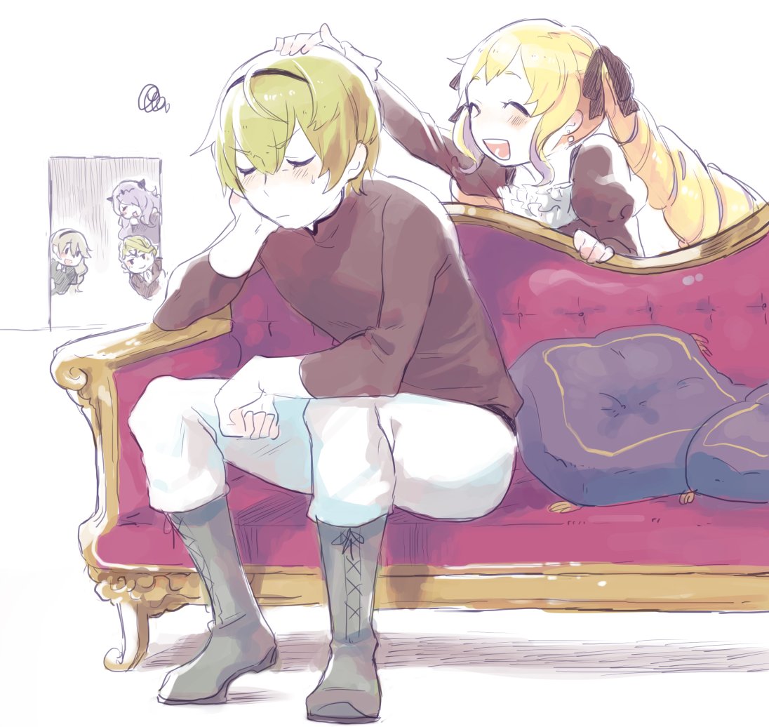 2boys 3girls aisutabetao blonde_hair blush boots camilla_(fire_emblem_if) closed_eyes couch elise_(fire_emblem_if) embarrassed female_my_unit_(fire_emblem_if) fire_emblem fire_emblem_if leon_(fire_emblem_if) long_sleeves marx_(fire_emblem_if) multiple_boys multiple_girls my_unit_(fire_emblem_if) open_mouth petting short_hair sitting smile twintails