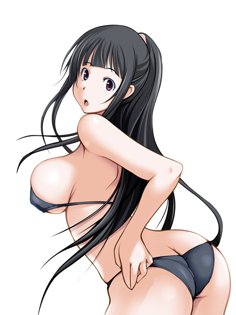 1girl :o arched_back ass bangs bare_arms bare_shoulders bent_over bikini black_bikini black_eyes black_hair blunt_bangs breasts butt_crack chitanda_eru cowboy_shot from_side gengoroh hyouka large_breasts long_hair looking_at_viewer looking_back looking_to_the_side open_mouth ponytail sideboob sidelocks solo swimsuit violet_eyes