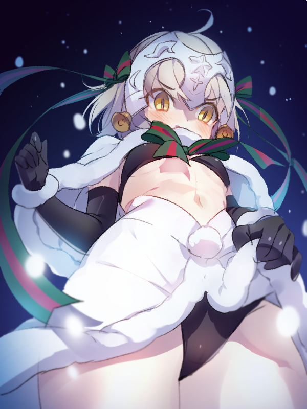 1girl ahoge bangs bell black_bikini_top black_gloves black_legwear black_panties blonde_hair blurry blush breasts capelet covered_mouth cowboy_shot depth_of_field elbow_gloves embarrassed eyebrows_visible_through_hair fate/grand_order fate_(series) from_below fur_trim furrowed_eyebrows gloves glowing hair_ribbon headpiece jeanne_alter jeanne_alter_(santa_lily)_(fate) lifted_by_self looking_down midriff miniskirt miya_(ete) panties pom_pom_(clothes) ribbon ruler_(fate/apocrypha) silver_hair skirt skirt_lift small_breasts snowing solo striped thigh-highs under_boob underwear upskirt white_skirt wrist_cuffs yellow_eyes