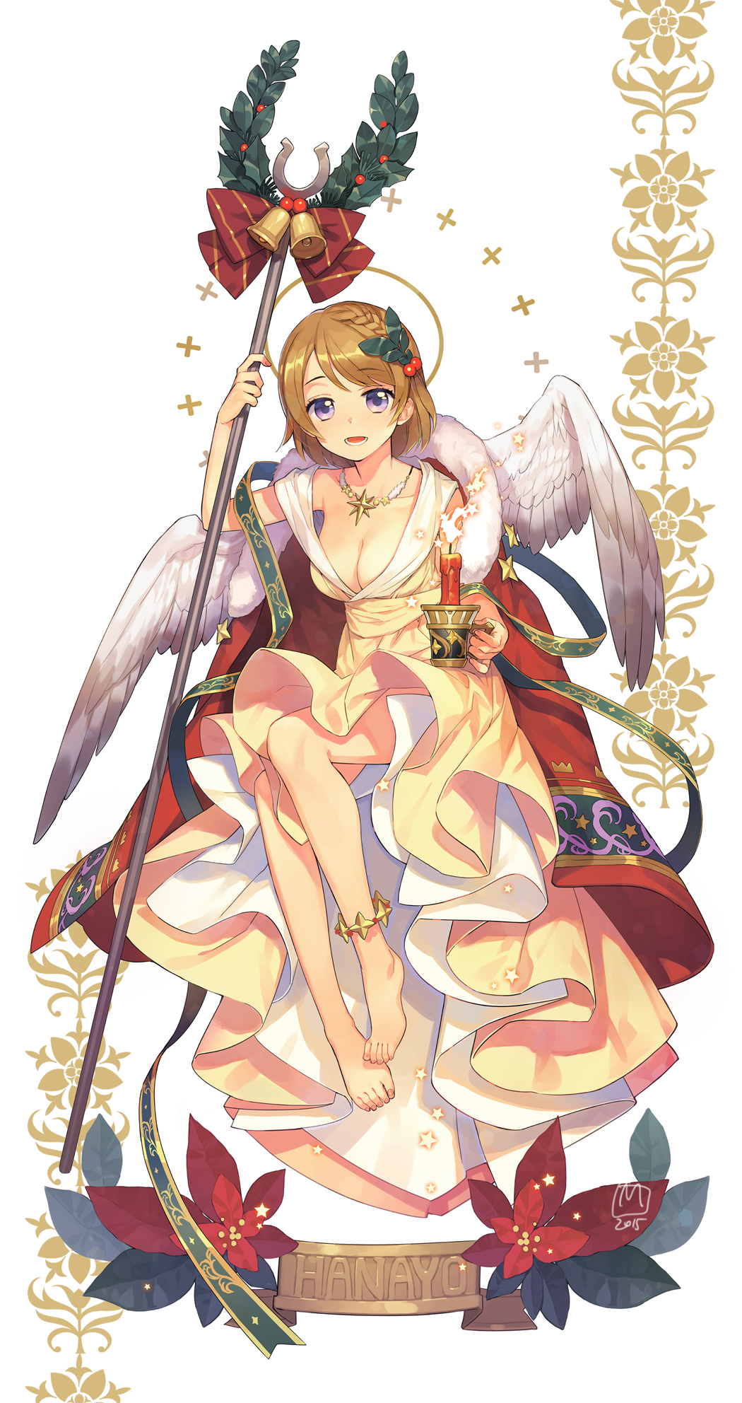 1girl angel_wings anklet barefoot bell braid breasts brown_hair candle cleavage hair_ornament halo highres jewelry koizumi_hanayo love_live! love_live!_school_idol_project mansu necklace open_mouth short_hair smile solo staff violet_eyes wings