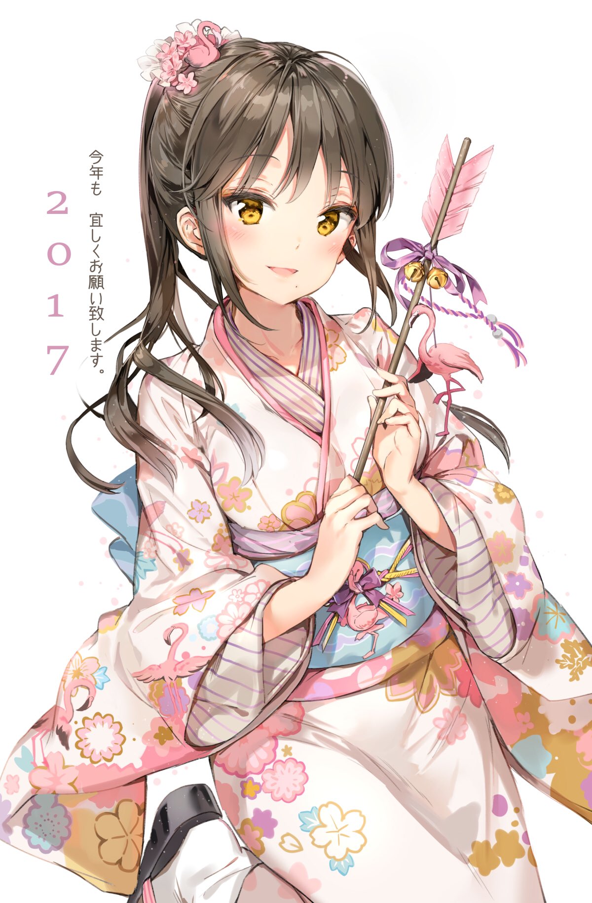 1girl 2017 anmi arrow bangs bell bird blush breasts brown_eyes brown_hair cowboy_shot eyebrows_visible_through_hair flamingo floating_hair floral_print flower hair_flower hair_ornament half-closed_eyes hamaya happy_new_year highres holding_arrow japanese_clothes jingle_bell kimono kotoyoro long_hair looking_at_viewer matching_hair/eyes medium_breasts mole mole_under_mouth new_year obi original parted_lips pink_flower purple_ribbon ribbon sandals sash simple_background smile socks solo standing standing_on_one_leg translated white_background white_kimono white_legwear