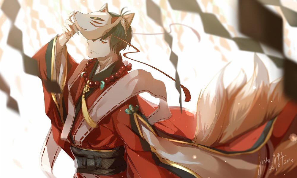 1boy 2016 alternate_eye_color animal_ears artist_name bangs bead_necklace beads black_hair blurry closed_mouth dated depth_of_field fingernails fox_ears fox_mask fox_tail hand_up japanese_clothes jewelry kimono kitsune light_particles long_fingernails long_sleeves looking_at_viewer magatama male_focus mask mask_on_head matsuno_osomatsu multiple_tails necklace obi one_eye_covered osomatsu-kun osomatsu-san phino red_eyes red_kimono ribbon_trim sash shide signature smile solo stole tail tassel upper_body white_background wide_sleeves