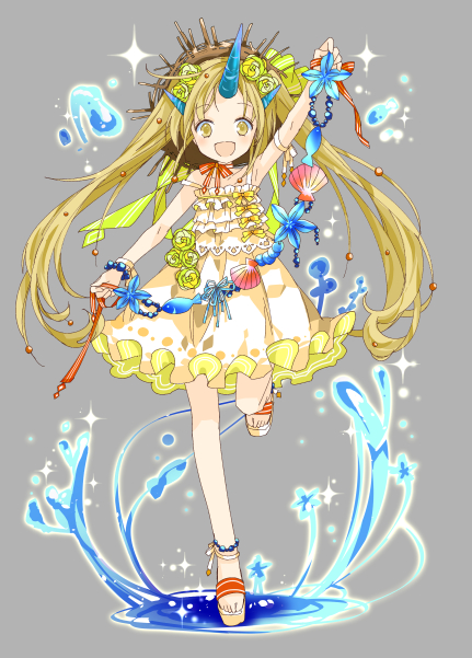 1girl dress flower frilled_dress frills full_body grey_background hair_flower hair_ornament hair_ribbon horns konataeru looking_at_viewer open_mouth original personification ribbon sandals seashell shell standing standing_on_one_leg summer water yellow_eyes yellow_flower