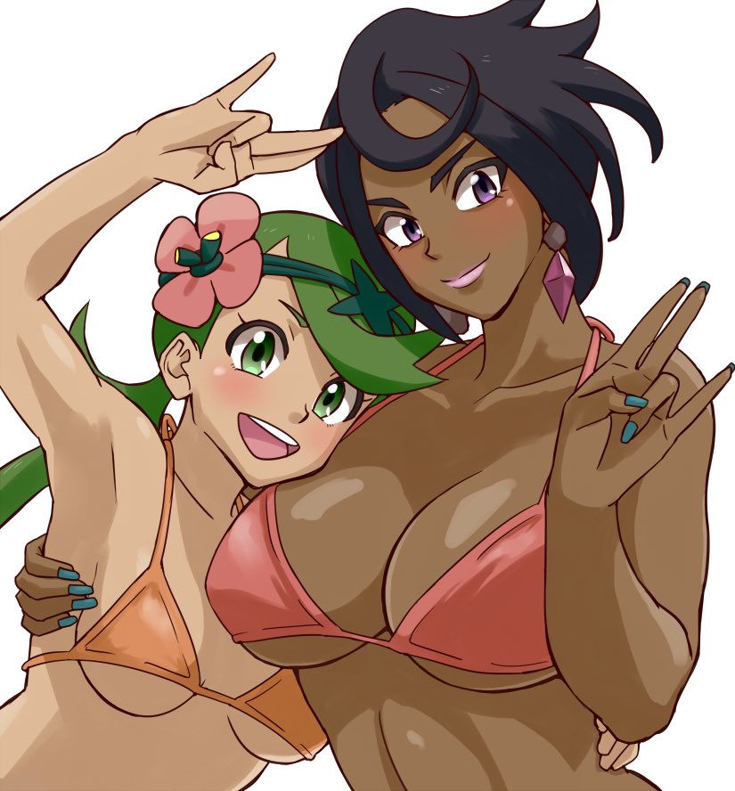 2girls :d age_difference arm arm_up armpits arms_up bangs bare_arms bare_shoulders bikini bikini_top black_hair blue_nails blush bra breasts cleavage closed_mouth collarbone dark_skin diamond diamond_(shape) earrings elite_four female fingernails flower flower_on_head green_eyes green_hair hair_flower hair_ornament hand_gesture hand_on_another's_back happy head_on_chest head_tilt hug island_kahuna jewelry large_breasts lavender_lipstick lips lipstick long_hair looking_at_viewer low_twintails lychee_(pokemon) makeup mallow_(pokemon) medium_breasts multiple_girls mutual_yuri nail_polish nakaba neck nintendo open_mouth orange_bikini orange_bra orange_swimsuit pink_bikini pink_bra pink_lipstick pink_swimsuit pokemon pokemon_(game) pokemon_sm red_bikini red_swimsuit short_hair simple_background smile swept_bangs swimsuit trial_captain under_boob underwear upper_body violet_eyes white_background yuri
