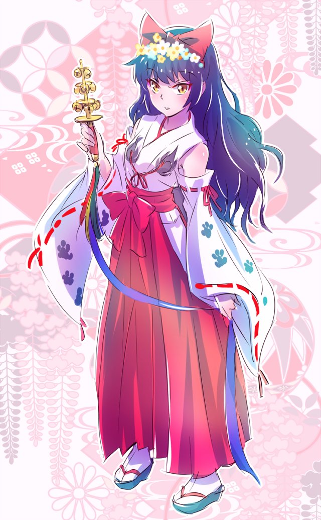 1girl bell black_hair blake_belladonna bow commentary flower hair_bow hair_flower hair_ornament iesupa japanese_clothes jingle_bell kagura_suzu long_hair miko paw_print ribbon rwby shrine_bell solo yellow_eyes