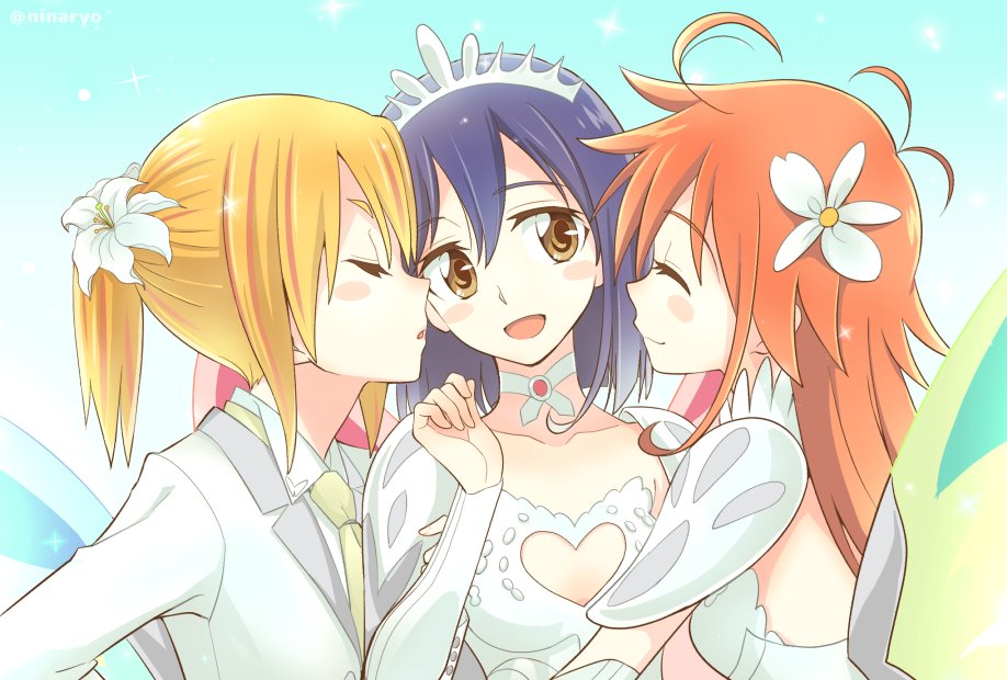 3girls :3 :d :o ahoge alternate_costume alternate_hairstyle antenna_hair arm_grab bangs bangs_pinned_back blonde_hair blue_hair blush_stickers brown_eyes butterfly_wings choker cleavage_cutout closed_eyes couple crown detached_sleeves dress female flip_flappers flower formal friends girl_sandwich hair_flower hair_ornament happy heart heart_cutout hug incipient_kiss kokomine_cocona lily_(flower) long_hair looking_at_another multicolored_hair multiple_girls mutual_yuri neck necktie niina_ryou open_mouth orange_hair papika_(flip_flappers) ponytail sandwiched short_hair shoulder_pads smile spoilers strapless strapless_dress streaked_hair suit upper_body wedding_dress what_if white_detached_sleeves white_dress white_suit wife_and_wife wings yayaka yellow_necktie yuri