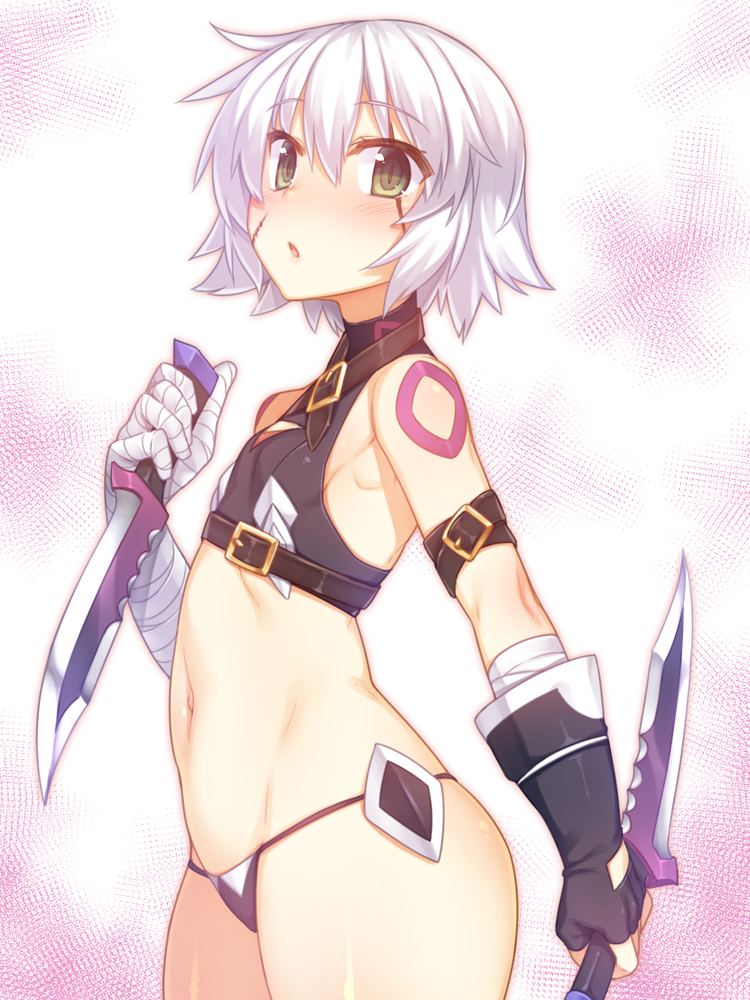 1girl armpits assassin_of_black bandage bare_shoulders belt belt_buckle black_panties blush breasts buckle commentary commentary_request cowboy_shot crop_top dagger dual_wielding fate/apocrypha fate/grand_order fate_(series) gloves green_eyes looking_at_viewer navel open_mouth panties racer_(magnet) reverse_grip scar short_hair silver_hair sleeveless small_breasts solo standing tattoo underwear weapon