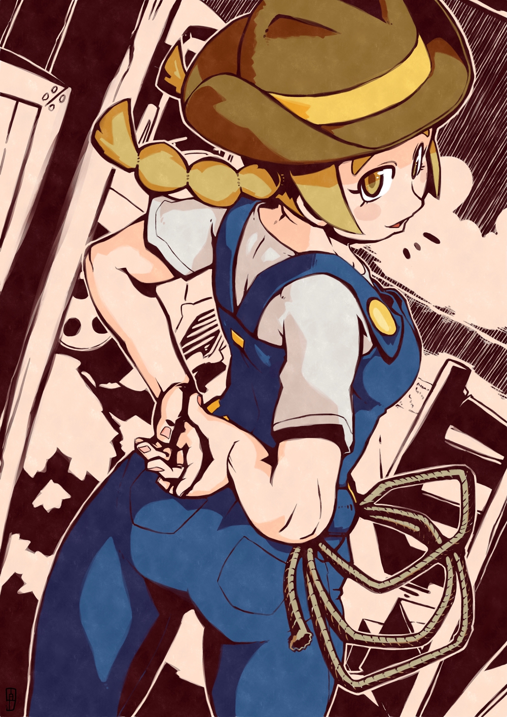/\/\/\ 1girl arms_behind_back ass bare_arms belt blonde_hair blush breasts brown_hat buttons chawalit_adsawawalanon clouds collarbone cowboy_hat cowboy_shot denim dutch_angle fence fingernails from_behind ground_vehicle hat highres lasso long_hair looking_at_viewer looking_back medium_breasts motor_vehicle npc npc_trainer open_mouth outline overalls pocket pokemon pokemon_(game) pokemon_breeder_(pokemon) pokemon_sm ranch rope shirt short_sleeves sky smile solo standing suspenders tongue truck twintails undershirt wheel white_shirt wooden_fence yellow_eyes