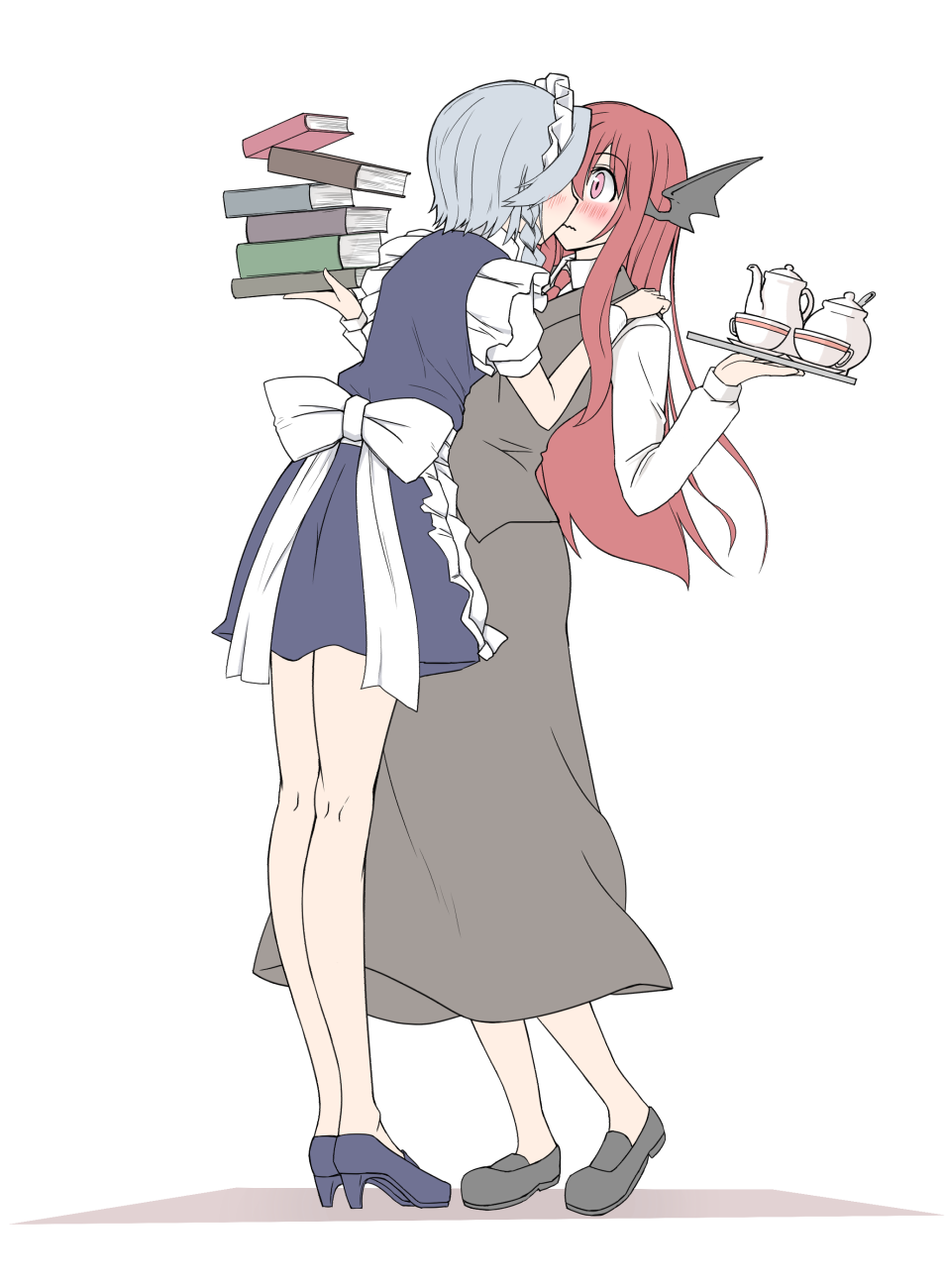 2girls 3692materia apron back bat_wings blue_dress blue_eyes blush book book_stack bow braid cup dress dress_shirt dropping eyebrows_visible_through_hair frills full_body hand_on_another's_shoulder high_heels highres holding holding_book incipient_kiss izayoi_sakuya koakuma large_bow leaning_back leaning_forward loafers long_sleeves looking_at_another maid maid_headdress multiple_girls necktie puffy_short_sleeves puffy_sleeves red_eyes red_necktie redhead shirt shoes short_hair short_sleeves sidelocks silver_hair simple_background skirt skirt_set teacup teapot tiptoes touhou tray twin_braids vest waist_apron white_background white_shirt wide-eyed wings yuri