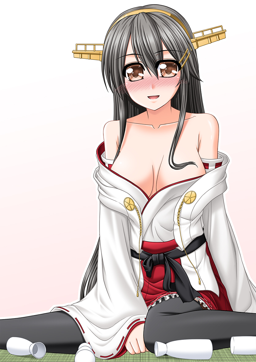 1girl :d bare_shoulders black_hair black_legwear blush bottle breasts brown_eyes collarbone drunk hair_ornament hairband hairclip haruna_(kantai_collection) kantai_collection kiryuu_makoto long_hair looking_at_viewer nontraditional_miko open_clothes open_mouth pleated_skirt sake_bottle sitting skirt smile solo tatami wariza