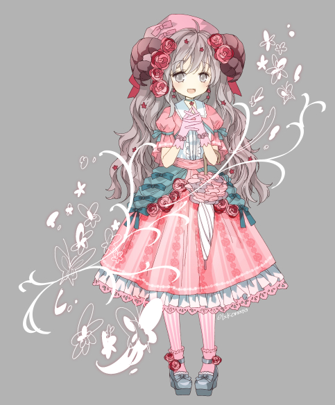 1girl artist_name dress flower full_body gloves grey_background grey_eyes grey_hair grey_shoes hair_flower hair_ornament hands_together hat horns konataeru long_hair looking_at_viewer open_mouth personification pink_dress pink_gloves pink_hat pink_legwear sheep_horns shoes solo spring_(season) standing