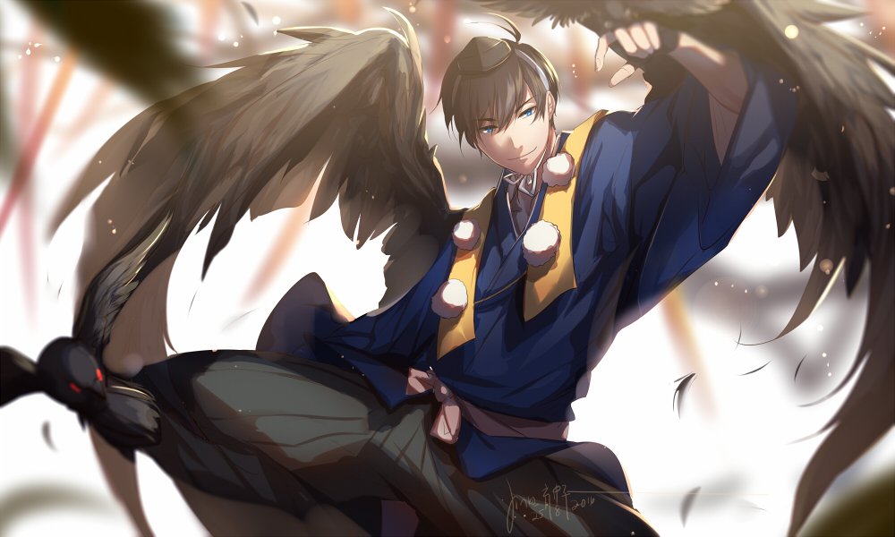 1boy 2016 alternate_eye_color artist_name bangs bird bird_on_hand black_gloves black_hair black_hakama black_wings blue_eyes blurry chin_strap closed_mouth crow dated depth_of_field eyebrows_visible_through_hair feathered_wings feathers flying gloves hair_between_eyes hakama hat japanese_clothes light_particles long_sleeves looking_at_viewer male_focus matsuno_karamatsu osomatsu-kun osomatsu-san outstretched_arm partly_fingerless_gloves phino pom_pom_(clothes) red_eyes sash signature smile tengu tokin_hat wide_sleeves wings