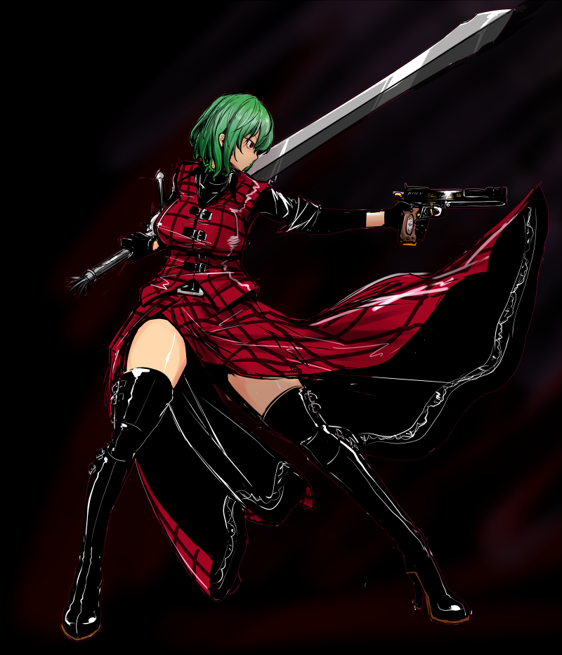 1girl adapted_costume black_boots boots breasts chains closed_mouth dual_wielding full_body green_hair gun handgun holding holding_gun holding_sword holding_weapon kazami_yuuka large_breasts long_sleeves nelo_anjuurou pistol plaid plaid_skirt plaid_vest profile red_eyes shaded_face short_hair skirt solo sword thigh-highs thigh_boots touhou vest weapon